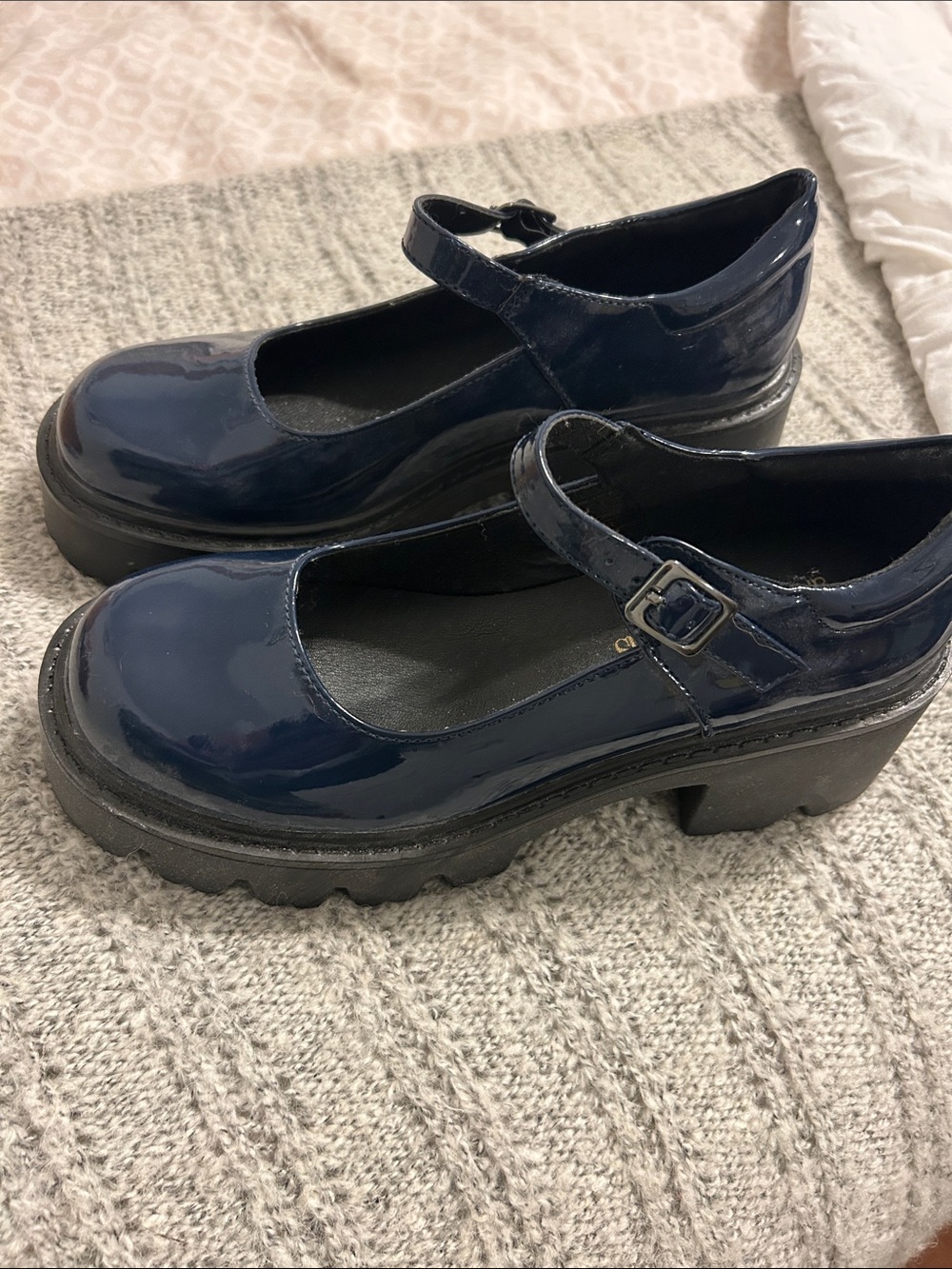 Patent Mary Jane Platform Heels in Navy